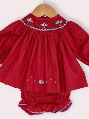 NWT Luli & Me dress w/ bloomers red smocked bishop style floral embroidery 0-3M
